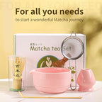 Matcha Tea Set, 5-Piece Ceramic Matcha Bowl & Whisk Kit with Cute Cat Pattern, Traditional Japanese Chawan, Scoop & Sifter, Perfect for Tea Ceremony, Gift for & Tea Lovers (pink)