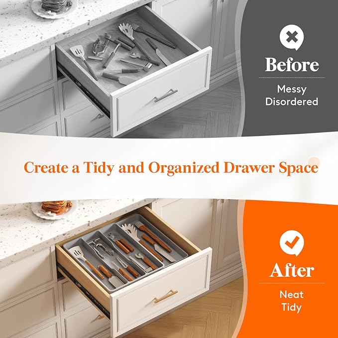 Lifewit Utensil Drawer Organizer, Expendable Cooking Silverware Tray for Kitchen Drawer, Adjustable Cutlery Flatware Holder, Plastic Spatula Tools and Gadgets Storage Divider, 4 Compartments, Gray