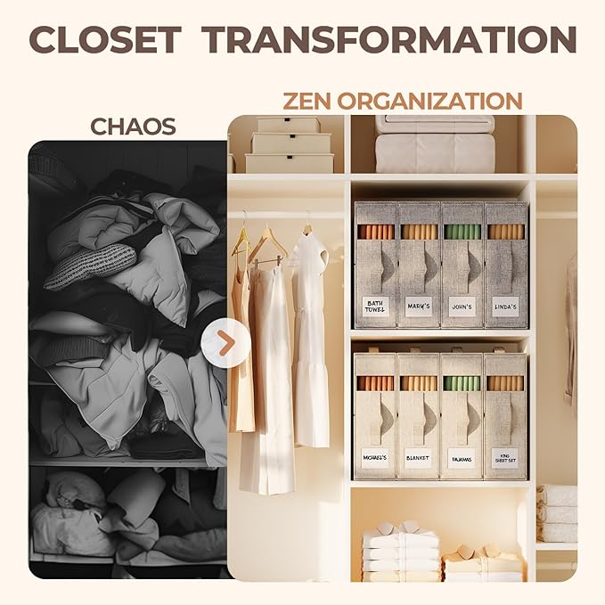 8Pack Sheet Organizers for Linen Closet - King/Queen Size Bedding Storage Boxes with Clear Window | Foldable, Dustproof Linen Organizer for Blankets & Sheet Sets,Beige