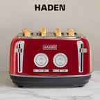Haden Dorset 4 Slice Wide Slot Stainless Steel Toaster with Adjustable Browning Control & Non-Slip Feet, Rectory Red