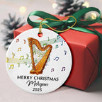 Customized Year Text Name Harp Player Christmas Ornament, Unique Harp Instrument Ornaments Gift for Women Men Harpist Appreciation Birthday, Personalized Harp Musical Ceramic Christmas Ornament 2025