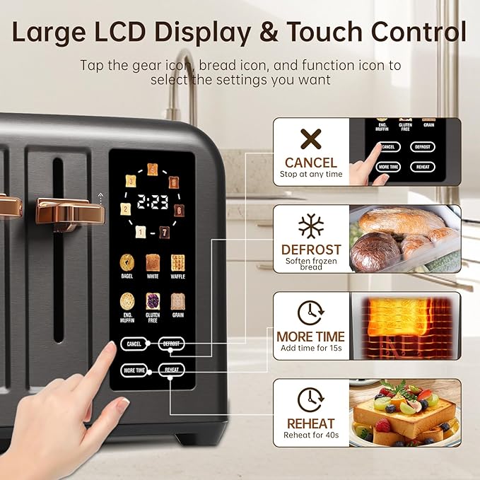 SEEDEEM Toaster 4 Slice, Stainless Steel, Touch Screen for Dual Control, Digital Timer, Smart Toaster with 6 Bread Type, 7 Shade Setting, 1.5''Wide Slot, Removable Crumb Tray, 1800W, Dark Metallic