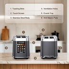 Mecity 2 Slice Toaster with Touch Screen & Auto Lift, Stainless Steel Cool-Touch Toaster with 8 Bread Settings, 5 Shade Levels, 1200W High Power, Keep Warm & Reheat Function, Metallic Grey, 120V