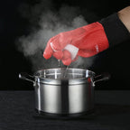 Kitchen Oven Gloves - Dual-Layer Heat Resistant Grilling Gloves, Silicone Oven Mitts with 5 Fingers, Waterproof Non-Slip Pot Holder for Barbecue, Cooking, Baking (Red, Long)
