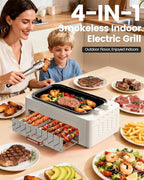 4-in-1 Electric Indoor Grill Smokeless for Home,Countertop Electric Grill with Removable Sizzle Grill Pan & Grate + Auto Rotating Kabob Skewers + Electric Hot Dog Roller Dual Zone Cooking with Lid