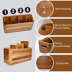 Wooden Kitchen Utensil Holder Organizer for Counter or Countertop, Large Wooden Utensil Holder for Storage Cooking and Silverware with 4 Compartment, Acacia Rustic Wood Container Extra Large