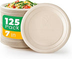 125 Count Compostable Paper Plates, 7 Inch, Heavy Duty Disposable Plates by Biodegradable Bagasse, Dessert Plates Bulk for Party | Microwave-Safe | Soak-Resistant, Cut Resistant
