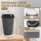 100 Pack 16 oz Disposable Coffee Cups with Lids, Insulated Ripple Wall To-Go Paper Coffee Cups Suitable for Chocolate Cocoa and Hot/Cold Drinks (Grey)