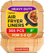 Vailnd Air Fryer Liners Disposable, 305 PCS 8" Square Unbleached Air Fryer Paper Liners, Heavy-Duty Air Fryer Liners for 5-8 QT Basket, Non-stick & Oil-Proof Parchment Paper for Oven, Pan