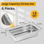 1/4 Hotel Pans 2.5 Inch Deep Stainless Steel Food Pan - Anti-Jam 6 Pack Steam Table Pan Set for Catering, Buffet Use, Kitchen Prep