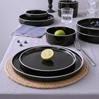 Famiware Nebula Plates and Bowls Sets for 4, 12 Pieces Stoneware Dinnerware Set, Microwave and Dishwasher Safe Dishes Set, Black with White Rim