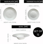 Pots & Patterns White Dinner Plates. Porcelain Dinnerware Set for 4-12-Piece Chip Resistant Plates and Bowls Sets