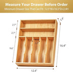 Umilife Kitchen Drawer Organizer, 12.5 Inch Silverware Utensil Tray Holder, Extra Deep, with Non-Slip Feet & Grooved Drawer Divider, 7 Slots Total Bamboo Wood Caddy for Flatware Cutlery Knives