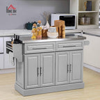 HOMCOM Rolling Kitchen Island Cart with Wheels, Portable Island Table for Kitchen with Stainless Steel Top, Adjustable Shelves, 2 Drawers, Spice, Knife and Towel Rack, Gray
