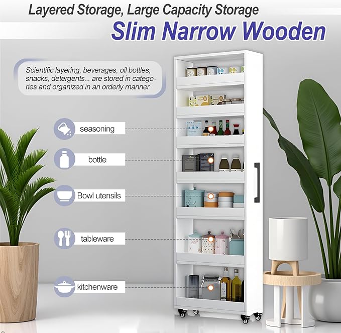 7-Tier Slim Storage Cart, Wooden Rolling Pantry Cabinet with Wheels, Narrow Shelf Organizer for Kitchen, Bakers Rack, Dining Room, Closet, Small Spaces Light Walnut 73.2''H*9.8''W*19.6''D