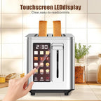 Touch Screen Toaster 2 Slice, Stainless Steel Toasters Digital Timer 2 Slot Toasters, 6 Shade Settings 6 Bread Types for Bagel,Defrost（304 Stainless Steel）