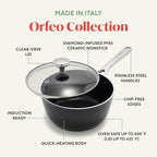 Orfeo 2.4QT Nonstick Saucepan with Lid, Made in Italy, Diamond Ceramic PFAS-Free Cookware, Induction Ready, Scratch Resistant, Laser-Fused Surface for Durability, Dishwasher Safe, Black