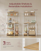 VASAGLE Bakers Rack with Power Outlet, 35.4 Inches Microwave Stand, Coffee Bar, 4 AC Outlets, with Adjustable Shelves, 8 S-Hooks, Basket, Spice Racks, Golden Oak and Cloud White UKKS031Y09