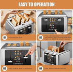 Touch screen Toaster 4 slice,Stainless Steel Digital Timer Toasters with Sound/Screen-Off Function,6 Bread Types & Shade Settings,Smart 1.5 Wide Slots Toaster with Bagel,Defrost,Stainless Steel