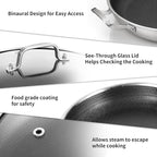 DELARLO Paella Pan 14 Inch Tri-Ply Stainless Steel Paella Pan with Lid Nonstick Frying Pan, Hybird Induction Large Skillets,Great for Paella Parties Indoors Outdoors,Heavy Duty Style