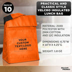 DISCOUNT PROMOS 10 Hook and Loop Insulated Lunch Bags Set - Customizable Text, Logo - Polyester, Durable, Vibrant, Reusable - Orange