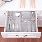 WuGeShop Expandable Silverware Drawer Organizer, Metal Mesh Large Kitchen Flatware Cutlery Tray, Adjustable Kitchen Drawer Organizer for Large Utensils (7+2 Compartment, Silver)