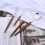 16-Piece Silverware Set with Cake Fork, Silver Stainless Steel Flatware Cutlery, Eating Utensils with Wooden Effect Handle, Includes Knife, Fork, Spoon, Mirror Finish, Dishwasher Safe