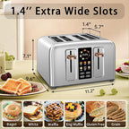SEEDEEM Toaster 4 Slice, Full Touch control Toaster, LCD Display, 6 Bread Type, 7 Shade Settings, 1.4''Wide Slots，More Time Function, Removable Crumb Tray, 1800W, Silver Metallic