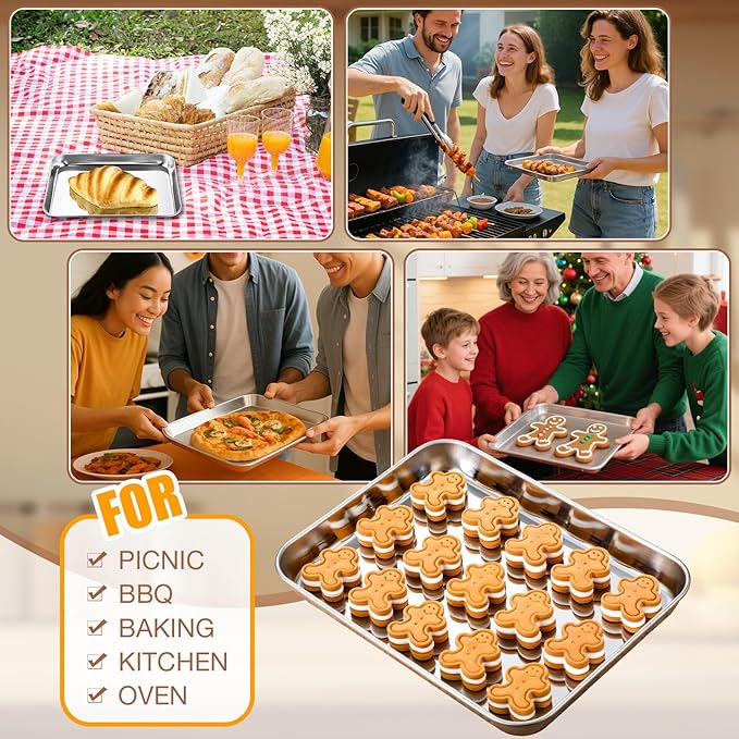 3 Pcs Baking Sheet Pan Set 9 x 6.7 x 1 Inches Cookie Sheet Small Toaster Oven Stainless Steel Tray Barbecue Grill Rectangle Trays, Non-stick, Easy Clean