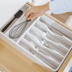 KitchenEdge Silverware Organizer - Cutlery, Flatware, and Utensil Holder for Kitchen Drawers, Fixed 10.5” Width, 7 Storage Compartments, Non-Slip Feet, Rounded Corners, 100% Bamboo, White Finish