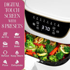Paris Hilton Air Fryer, Large 6-Quart Capacity, Nonstick Made without PFAS, Touchscreen Display, 8-in-1 (Air Fry, Roast, Broil, Bake, Reheat, Keep Warm, Pizza, Dehydrate), Dishwasher Safe, White
