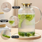 Glass Pitcher with Lid, 100 oz/ 3 Liter Classic Vertical Stripes Water Pitcher,Glass Water Carafe for Cold Brew, Coffee, Lemonade, Iced Sun Tea,Beverage, Milk, Heat Resistant