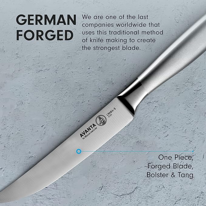 Messermeister Avanta Forged 5” Fine Edge Steak Knife Set - Pack of 2 - German X50 Stainless Steel - Rust Resistant & Easy to Maintain - 8 Steak Knives Total