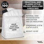 DISCOUNT PROMOS 100 Hook and Loop Insulated Lunch Bags Set - Customizable Text, Logo - Polyester, Durable, Vibrant, Reusable - White