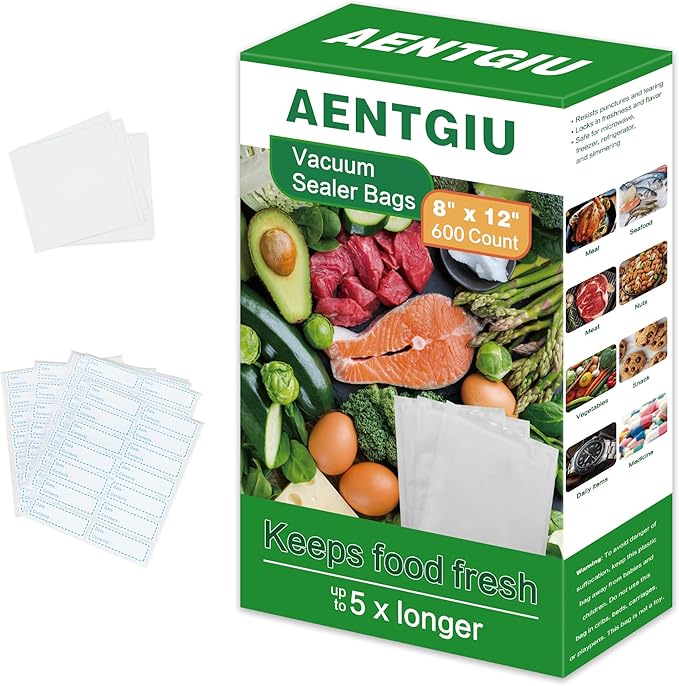 600 Vacuum Sealer Bags For Food 8x12 Inch, BPA Free Quart Freezer Sealed Bags, Compatible with All Heat Vacuum Sealers Machine, Heavy Duty, Great for vac storage, Meal Prep or Sous Vide