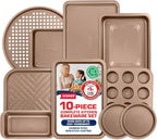 BAKKEN 10-Piece Kitchen Baking Pan Set - Commercial Grade Carbon Steel Bakeware, With Nonstick Coating, Stackable and Space-saving Design, PFOA, PFOS, PTFE Free, Oven Safe Tray (Up To 450°F), Brown