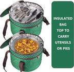 2 Pack Pie Carrier with Lids and Handles, Loadable Cupcake or Pizza Storage Containers, Includes Insulated Bags and Insulated Non-Slip Pads, Perfect for Transportation (Green)