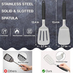 13.4 in Stainless Steel Spatula Set of 2, Heavy Duty Solid & Slotted Metal Spatula with Silicone Handle for Cast Iron Skillet, Egg, Burger and Grilling, Large