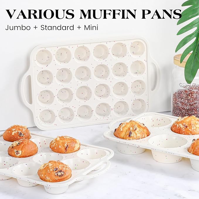 2 Pcs Jumbo Muffin Pan with Metal Frame, Nonstick 6 Cup Extra Large Cupcake Pan for Baking, Silicone Deep Muffin Tray for Egg Bites (Cream)