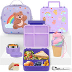 Lunch Box Kids with 5 Compartments, Insulated Food Jar & Utensil & Sauce Container & Lunch Bag & Silicone Collapsible Cup, Leak Proof Bento Box, BPA-Free & Dishwasher Safe-Purple