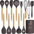 Silicone Cooking Utensils Set - 446°F Heat Resistant Silicone Kitchen Utensils for Cooking,Kitchen Utensil Spatula Set w Wooden Handles and Holder for Non-Stick Cookware, BPA FREE (Coffee)