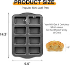 HONGBAKE Mini Loaf Baking Pans, Nonstick Small Cornbread Pan, Tiny Banana Bread Pan, Heavy Duty Carbon Steel Brownie Tin, 8-Cavity, Dark Grey