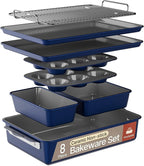 Bakken 8-Piece Ceramic Coated Bakeware Sets, Nonstick Aluminized Steel Pans with Muffin, Loaf, Cake, Roasting Pan, & Cooling Rack, Oven Safe Up To 500°F, Dishwasher Safe, BPA, PTFE & PFAS Free, Blue