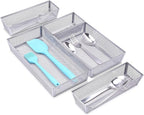 WuGeShop Mesh Silverware Tray Drawer Organizer, Kitchen Utensils Flatware with Anti-slip Mats, Silverware Storage Cutlery Tray for Knives Fork Spoon (5 Separate Compartments, Silver)