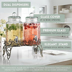 Classic Hammered Glass Beverage Dispenser with Elegant Stand (Set of 2), 1 Gallon Glass Drink Dispenser with Stand & Spigot, Party Drink Dispensers for Lemonade, Punch, Water, Juice