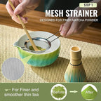 Matcha Whisk Set 7 Pcs, Matcha Kit with Bowl, Whisk and Holder, Bamboo Scoop, Scoop Rest, Sifter & Tea Towel, matcha Tea set Gifts for Matche Lovers Making Latte Breakfast