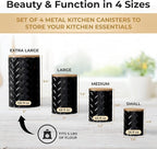 Pebble & Stem® Black Metal Canister Set for the Kitchen Counter, Food Canister Set of 4, Airtight Lids, Sugar and Flour Containers for Countertops, Coffee and Tea Storage, Farmhouse Decor
