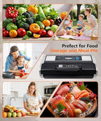 95kPa Vacuum Sealer Commercial Automatic Food Vacuum Sealer, 10-in-1 System, Auto Pop-Up Cover, Double Heat Seal, Easy-Lock Handle, Built-In Cutter with 1 Roll & 15 Bags, Black Silver