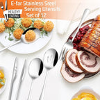 12-Piece Large Serving Utensils Set, E-far Stainless Steel 9.8 Inch Serving Slotted Spoons, 9.9 Inch Fork, 9.4 Inch Tong for Buffet Catering Banquet, Mirror Finish & Dishwasher Safe