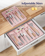 Kitsure Cutlery Drawer Organiser for Kitchen - Adjustable Cutlery Tray for Effortless Utensil Sorting, Versatile Kitchen Storage & Organisation Solution, 13.70" x 1.54" x 10.94"~20.08", Pink